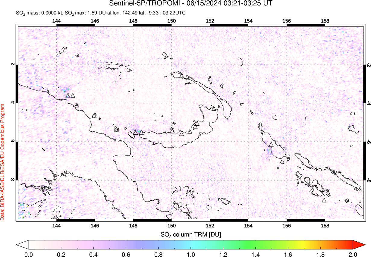 A sulfur dioxide image over Papua, New Guinea on Jun 15, 2024.