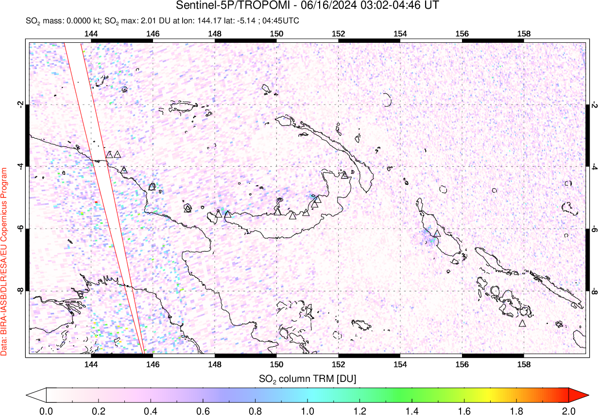 A sulfur dioxide image over Papua, New Guinea on Jun 16, 2024.