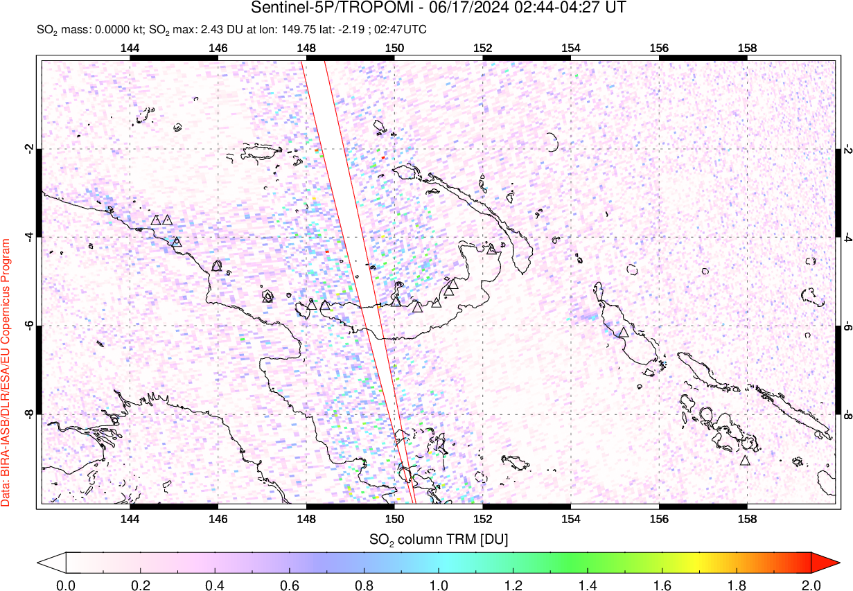 A sulfur dioxide image over Papua, New Guinea on Jun 17, 2024.