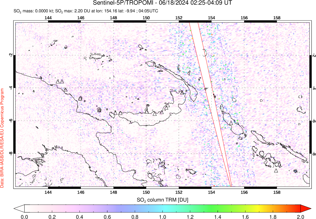 A sulfur dioxide image over Papua, New Guinea on Jun 18, 2024.