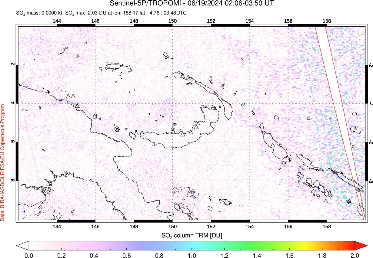 A sulfur dioxide image over Papua, New Guinea on Jun 19, 2024.