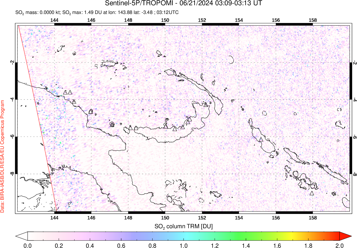 A sulfur dioxide image over Papua, New Guinea on Jun 21, 2024.