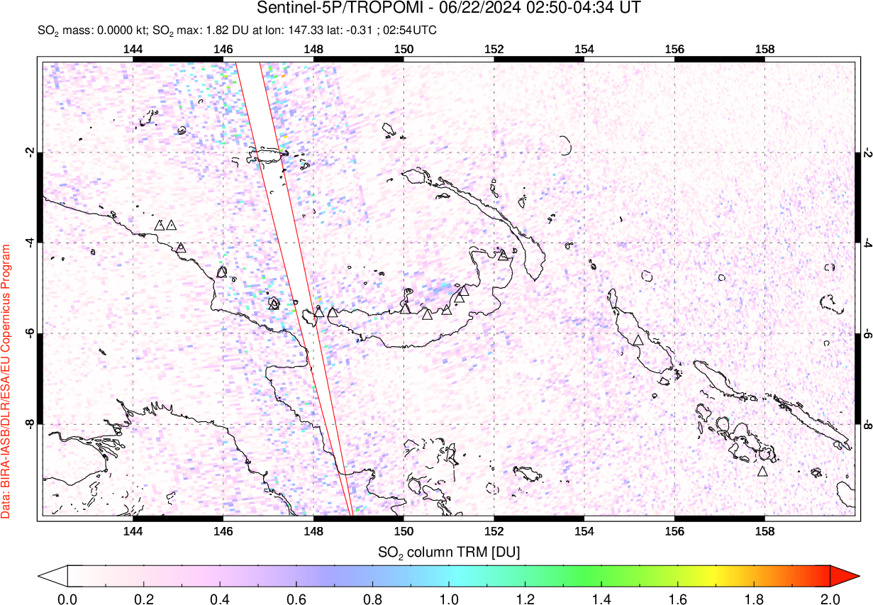 A sulfur dioxide image over Papua, New Guinea on Jun 22, 2024.