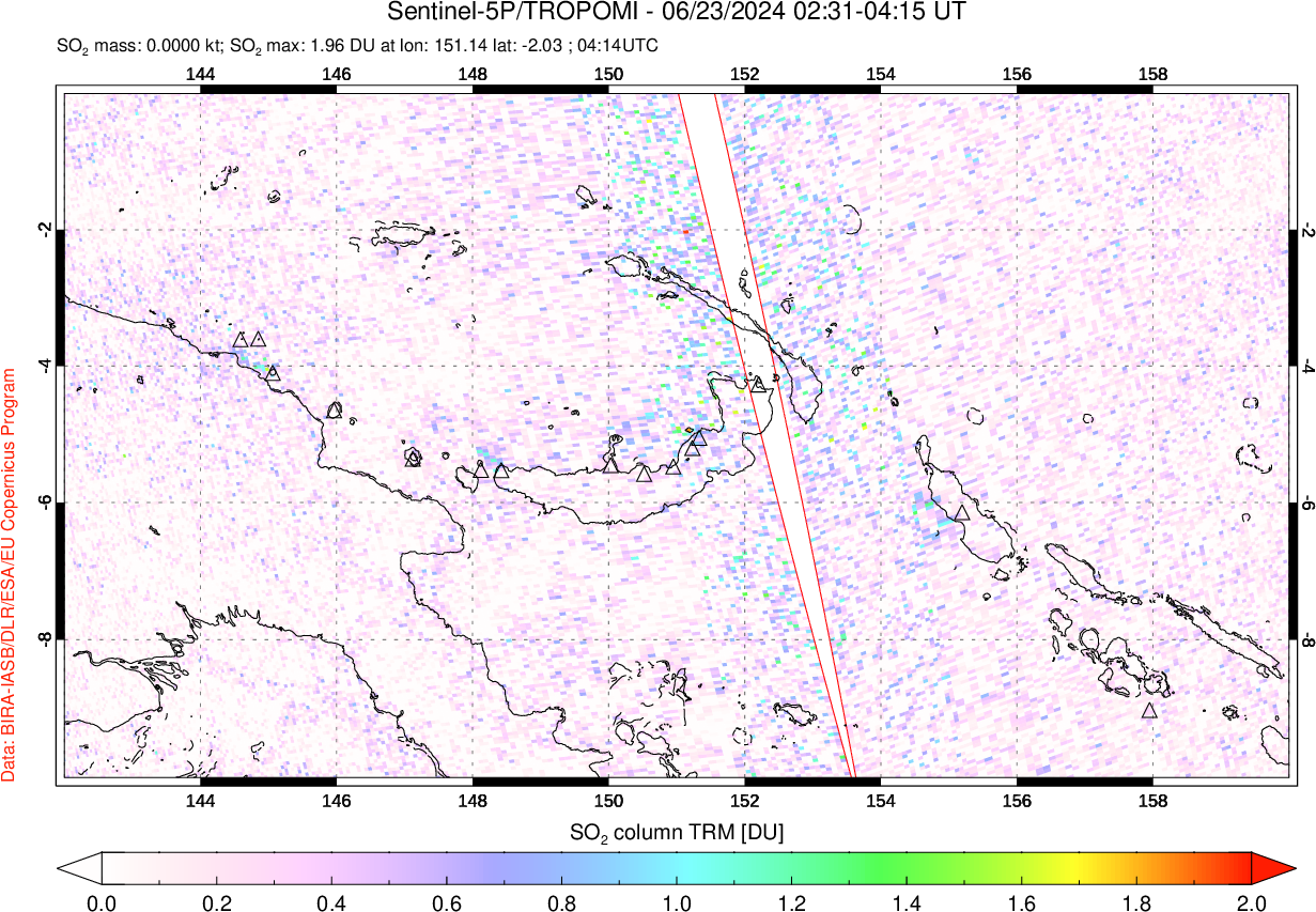 A sulfur dioxide image over Papua, New Guinea on Jun 23, 2024.