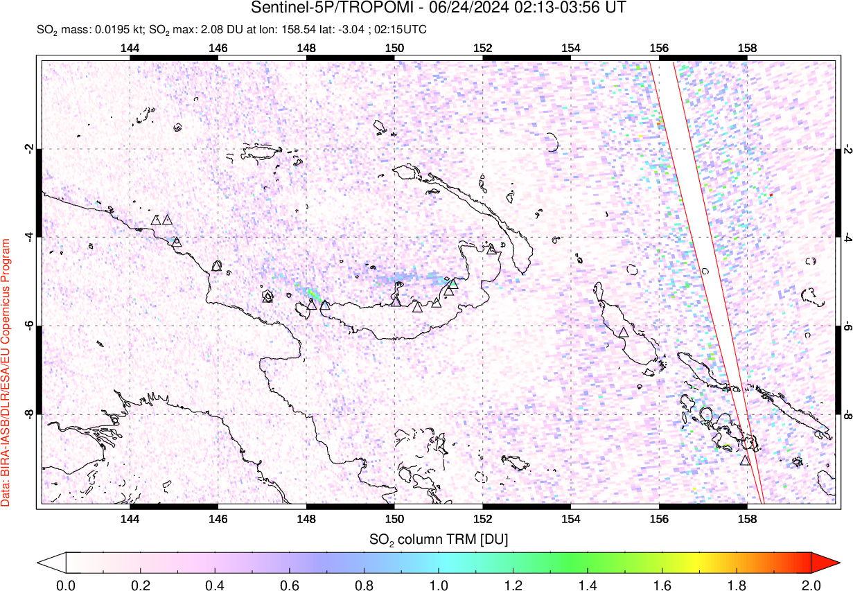 A sulfur dioxide image over Papua, New Guinea on Jun 24, 2024.