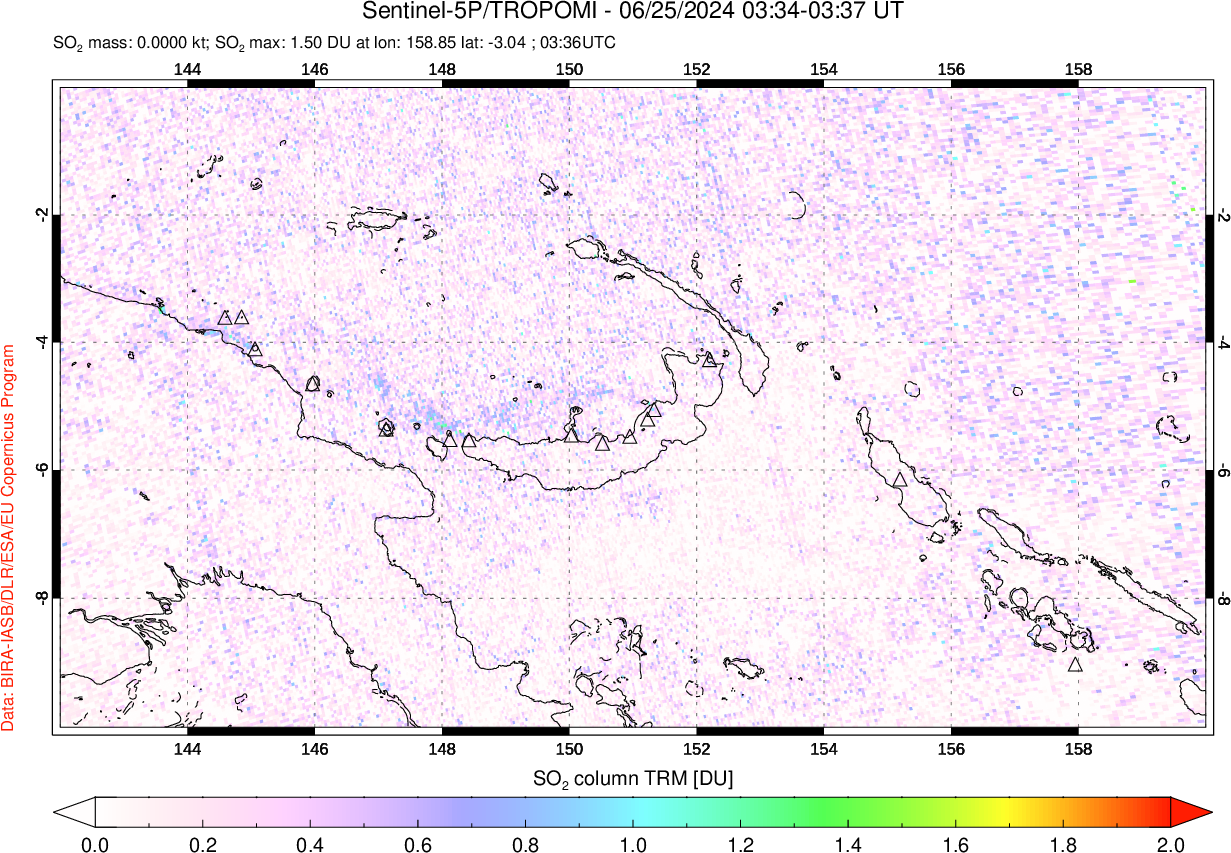 A sulfur dioxide image over Papua, New Guinea on Jun 25, 2024.