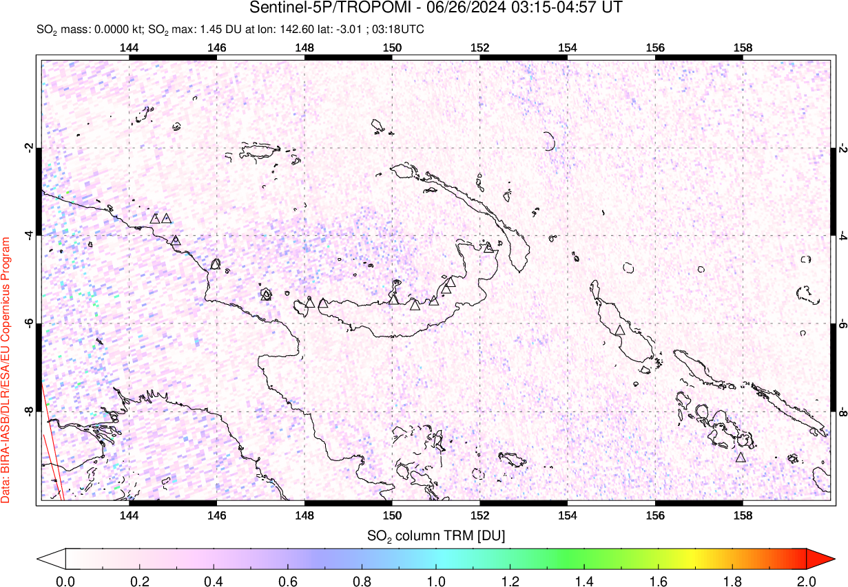 A sulfur dioxide image over Papua, New Guinea on Jun 26, 2024.