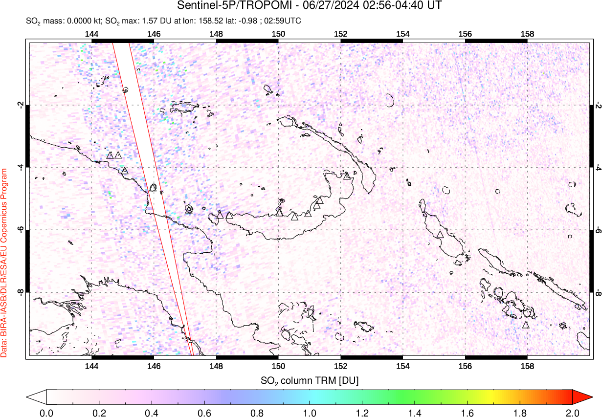 A sulfur dioxide image over Papua, New Guinea on Jun 27, 2024.