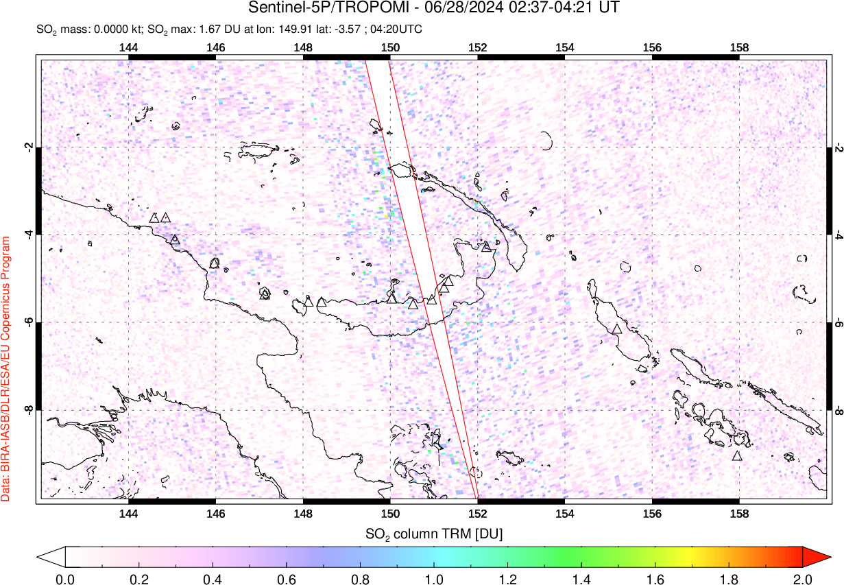 A sulfur dioxide image over Papua, New Guinea on Jun 28, 2024.