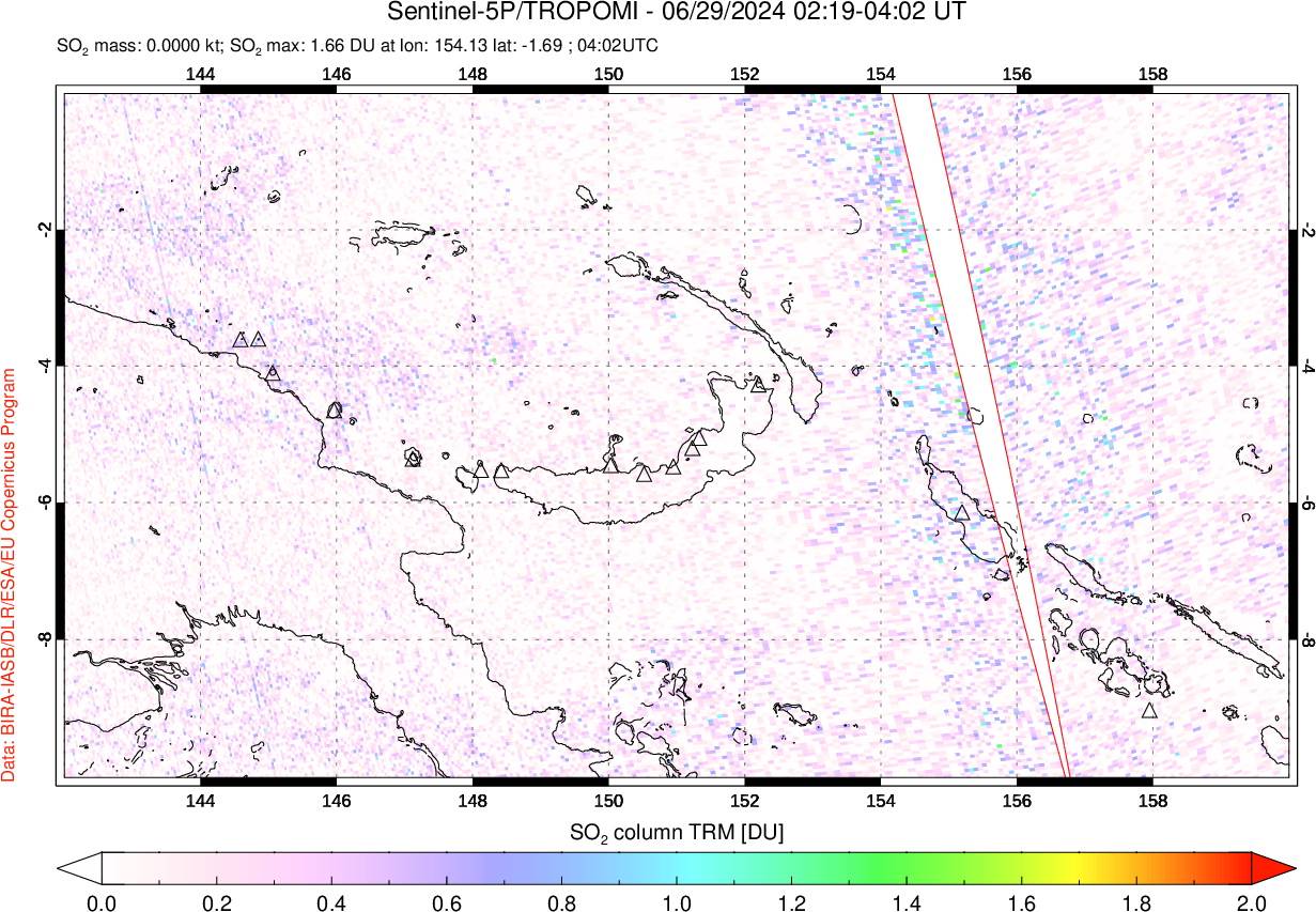 A sulfur dioxide image over Papua, New Guinea on Jun 29, 2024.