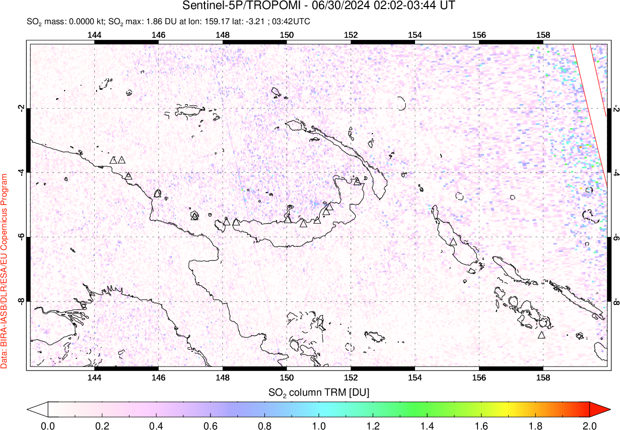 A sulfur dioxide image over Papua, New Guinea on Jun 30, 2024.