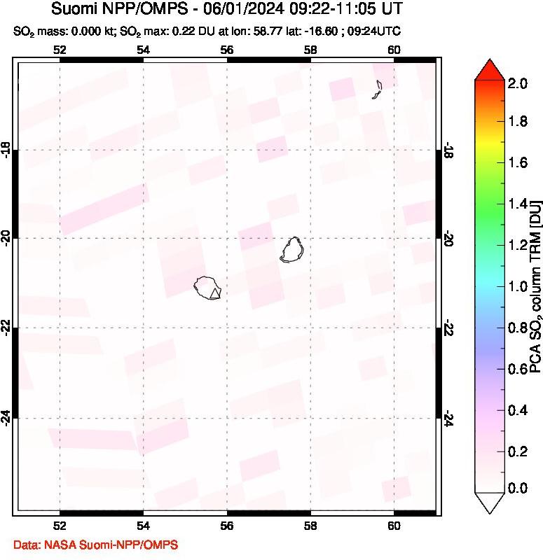 A sulfur dioxide image over Reunion Island, Indian Ocean on Jun 01, 2024.