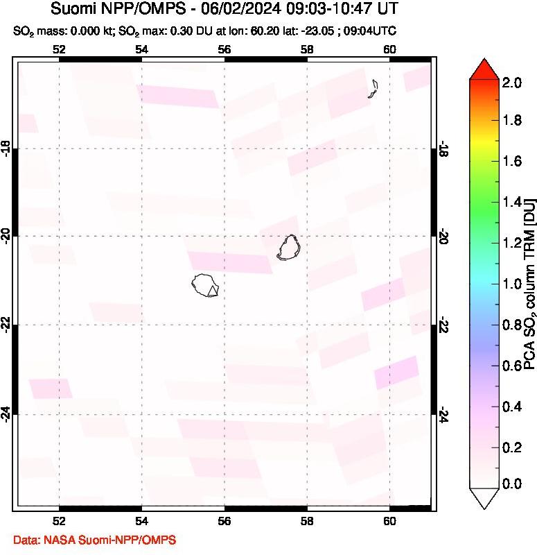 A sulfur dioxide image over Reunion Island, Indian Ocean on Jun 02, 2024.