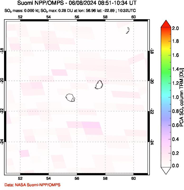 A sulfur dioxide image over Reunion Island, Indian Ocean on Jun 08, 2024.