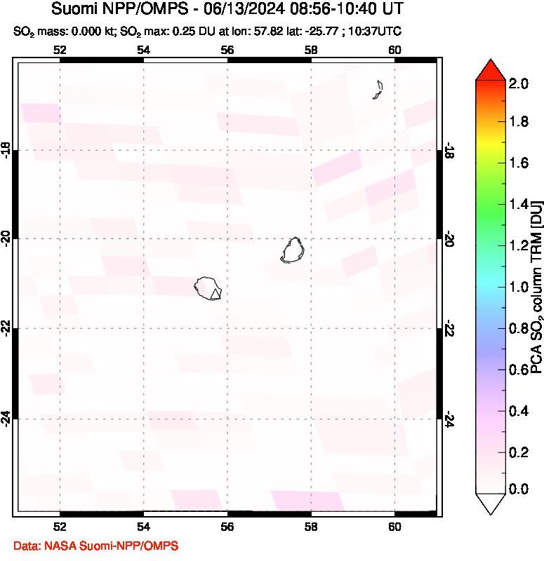 A sulfur dioxide image over Reunion Island, Indian Ocean on Jun 13, 2024.