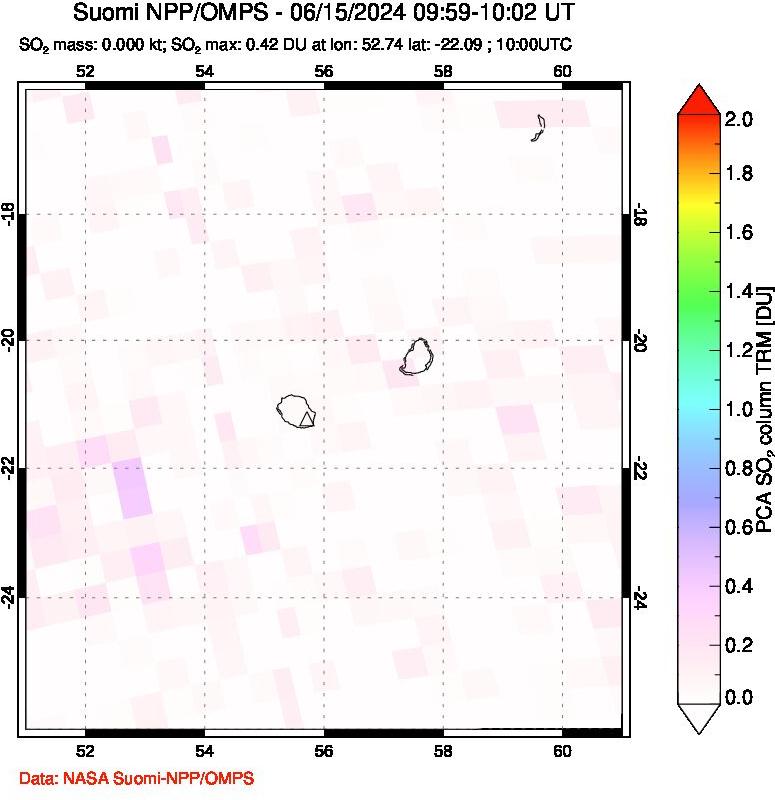 A sulfur dioxide image over Reunion Island, Indian Ocean on Jun 15, 2024.