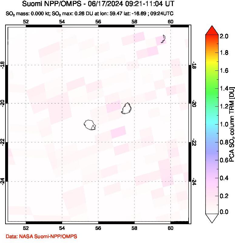 A sulfur dioxide image over Reunion Island, Indian Ocean on Jun 17, 2024.