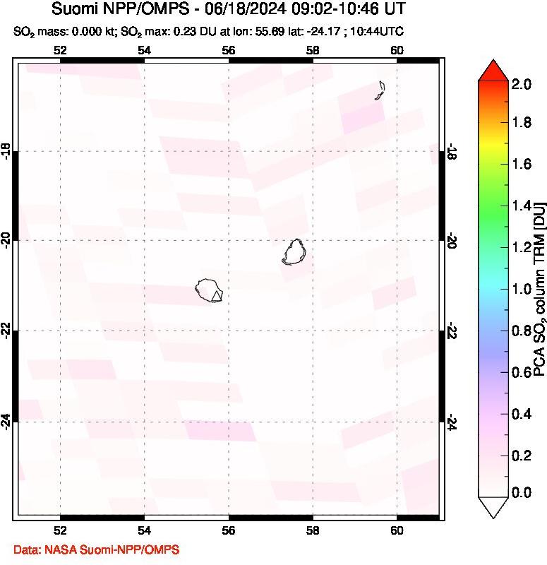 A sulfur dioxide image over Reunion Island, Indian Ocean on Jun 18, 2024.