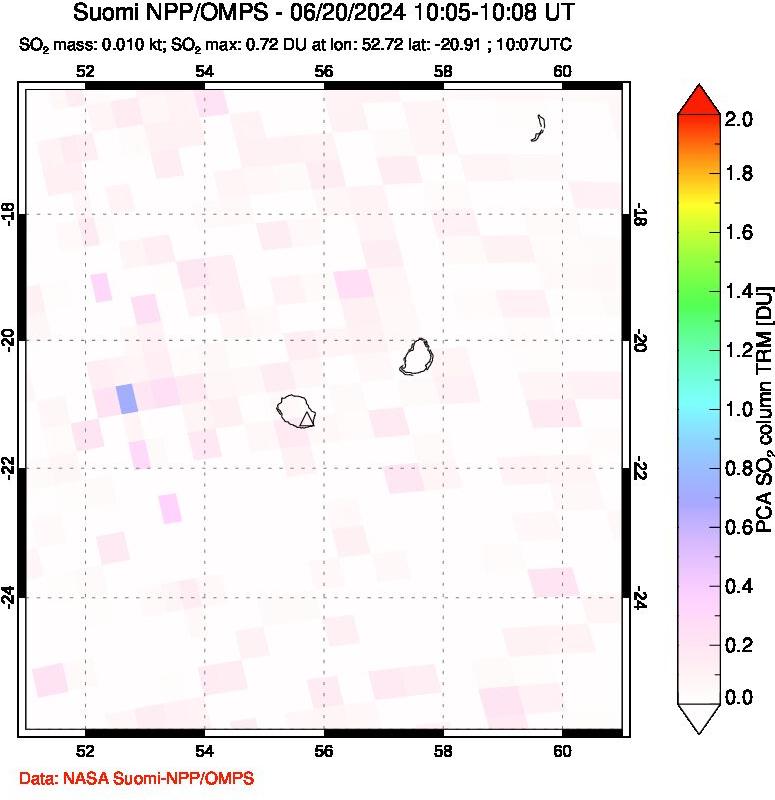 A sulfur dioxide image over Reunion Island, Indian Ocean on Jun 20, 2024.