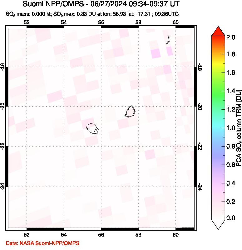 A sulfur dioxide image over Reunion Island, Indian Ocean on Jun 27, 2024.