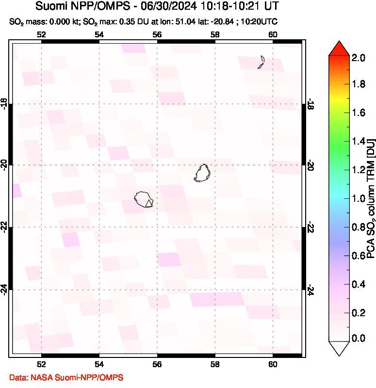 A sulfur dioxide image over Reunion Island, Indian Ocean on Jun 30, 2024.