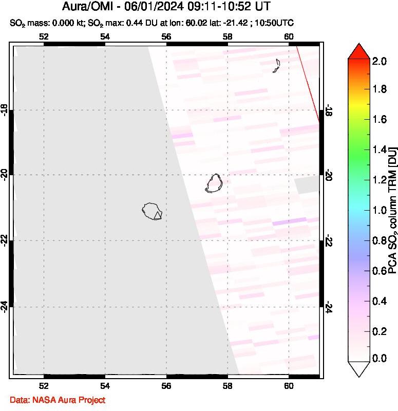 A sulfur dioxide image over Reunion Island, Indian Ocean on Jun 01, 2024.