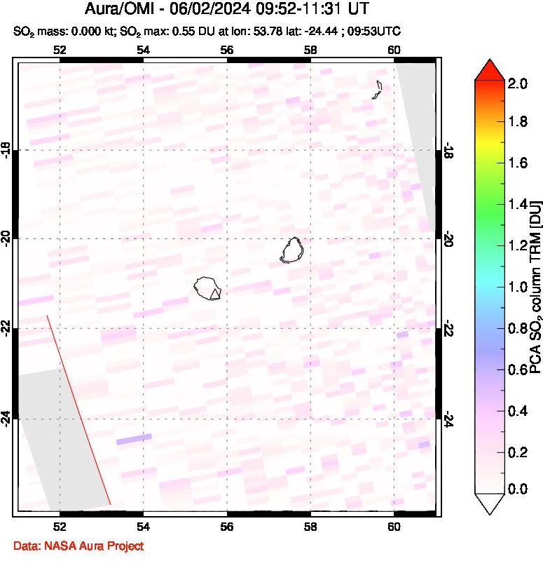 A sulfur dioxide image over Reunion Island, Indian Ocean on Jun 02, 2024.