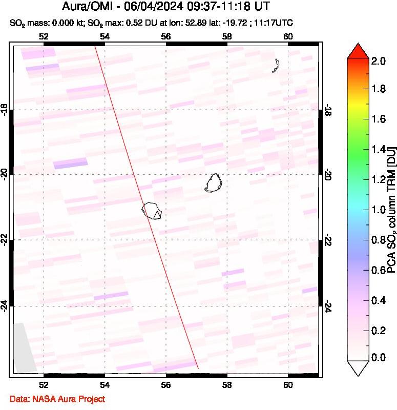 A sulfur dioxide image over Reunion Island, Indian Ocean on Jun 04, 2024.