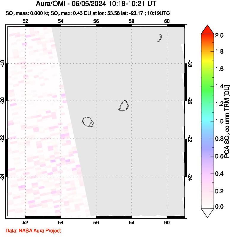 A sulfur dioxide image over Reunion Island, Indian Ocean on Jun 05, 2024.