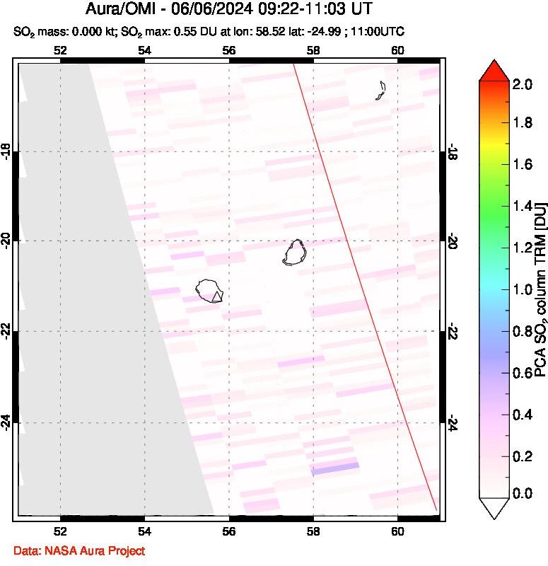 A sulfur dioxide image over Reunion Island, Indian Ocean on Jun 06, 2024.