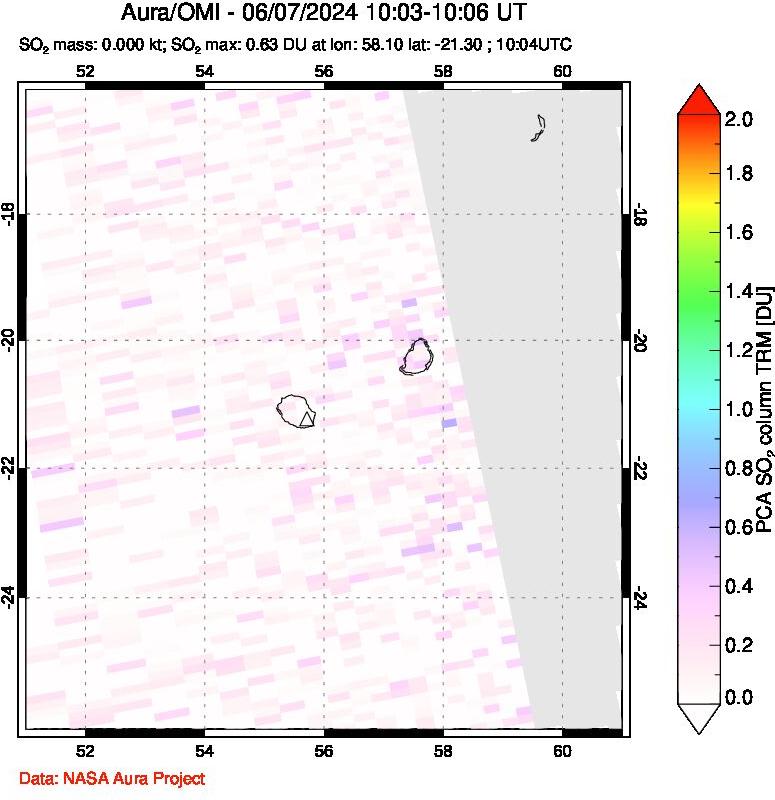 A sulfur dioxide image over Reunion Island, Indian Ocean on Jun 07, 2024.