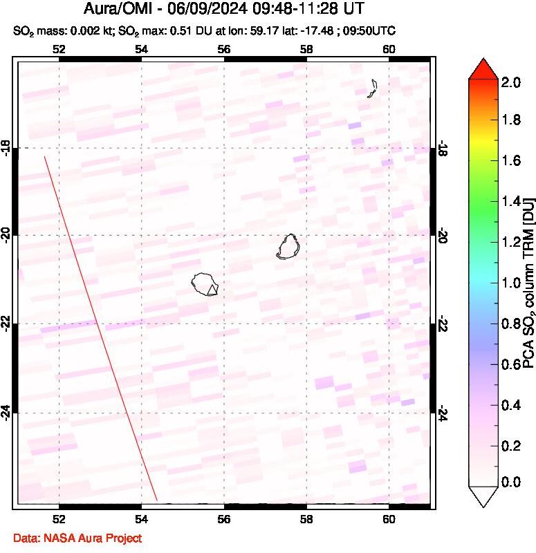 A sulfur dioxide image over Reunion Island, Indian Ocean on Jun 09, 2024.