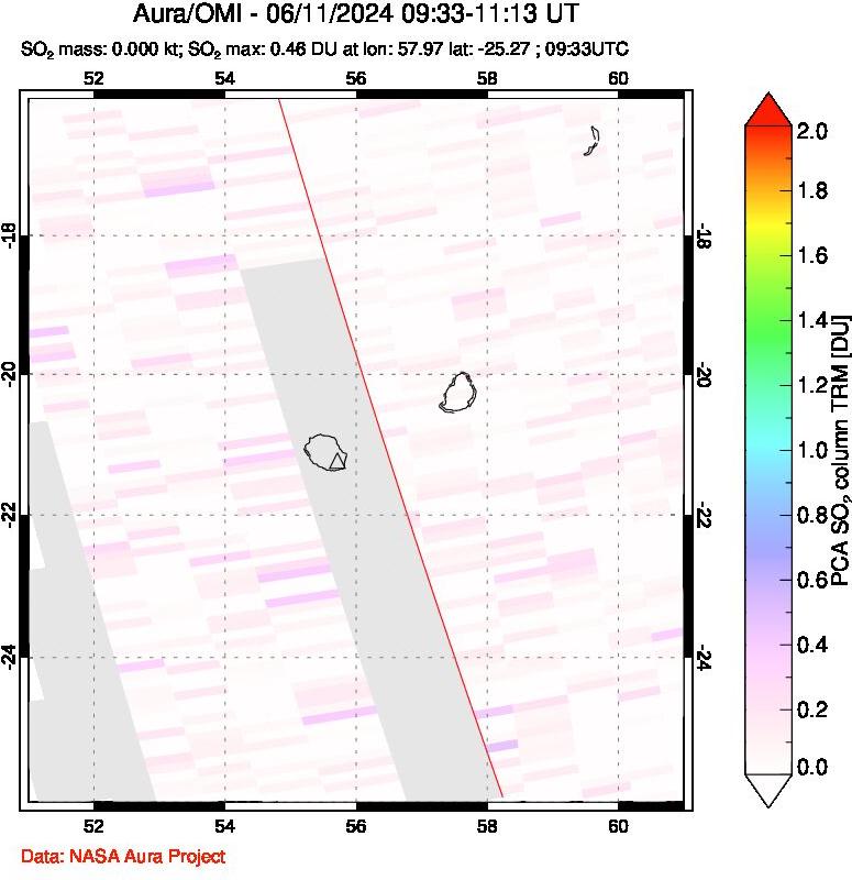 A sulfur dioxide image over Reunion Island, Indian Ocean on Jun 11, 2024.