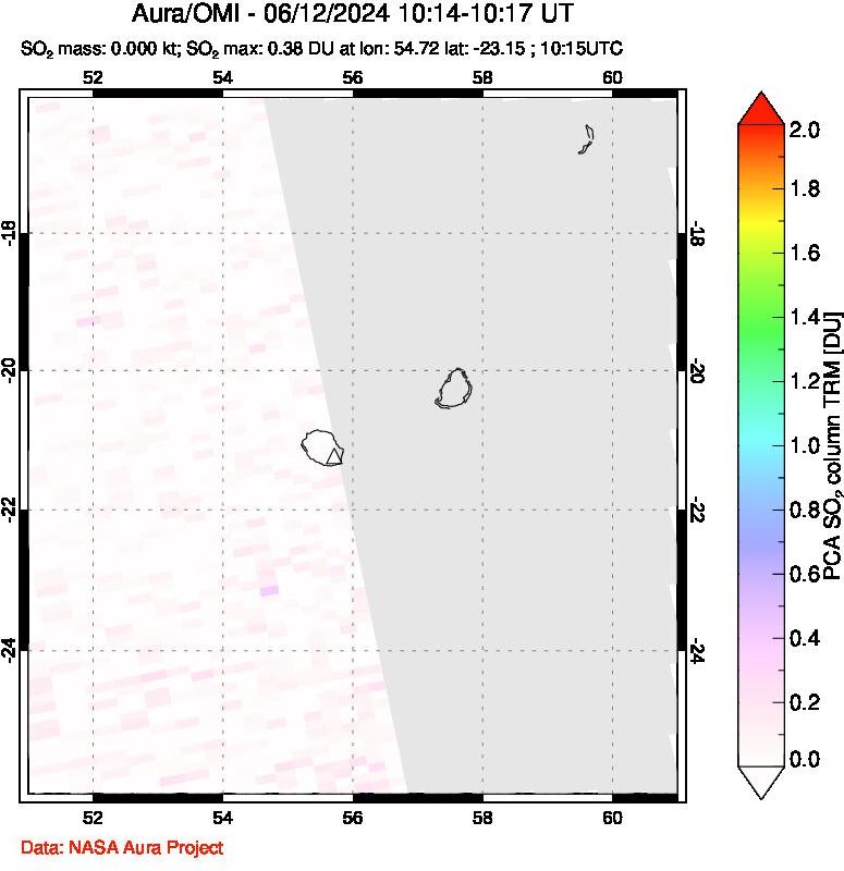 A sulfur dioxide image over Reunion Island, Indian Ocean on Jun 12, 2024.