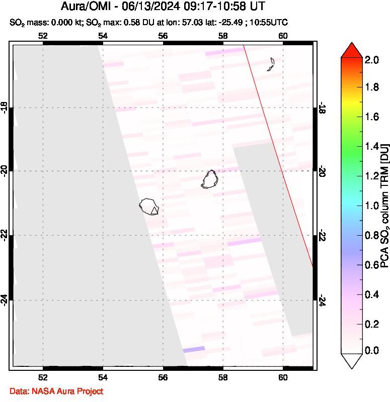 A sulfur dioxide image over Reunion Island, Indian Ocean on Jun 13, 2024.