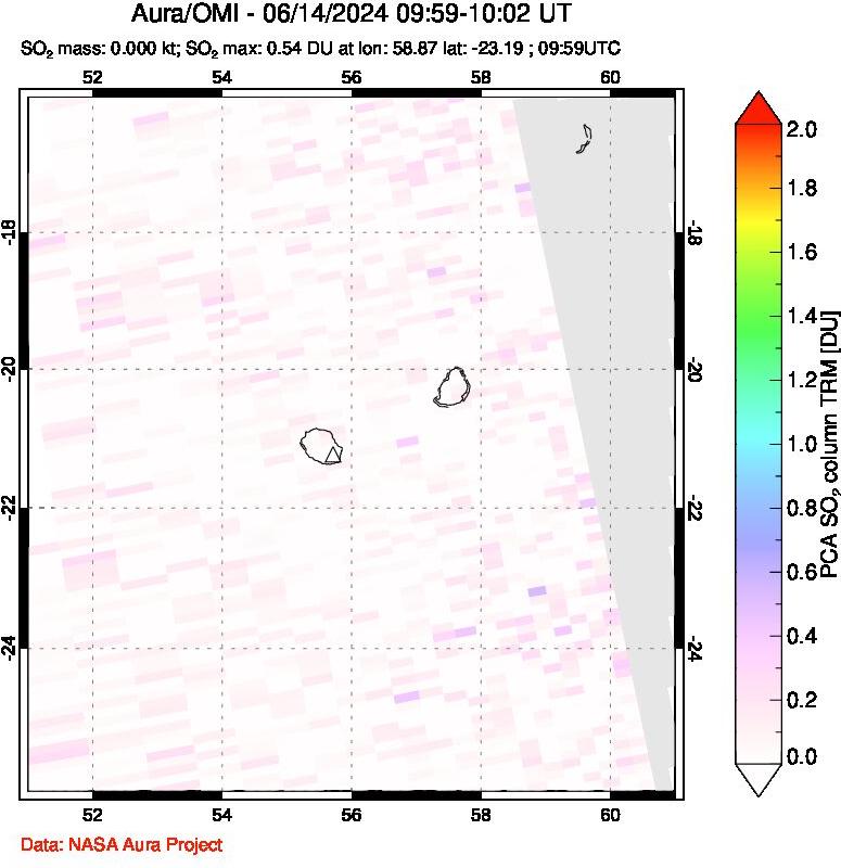 A sulfur dioxide image over Reunion Island, Indian Ocean on Jun 14, 2024.