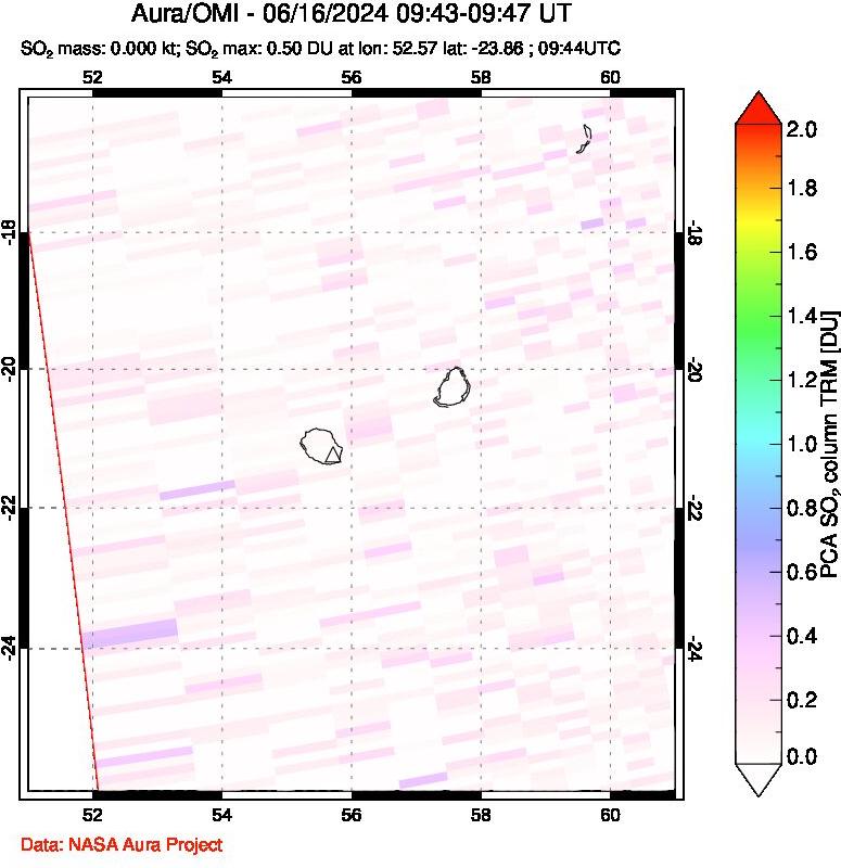 A sulfur dioxide image over Reunion Island, Indian Ocean on Jun 16, 2024.