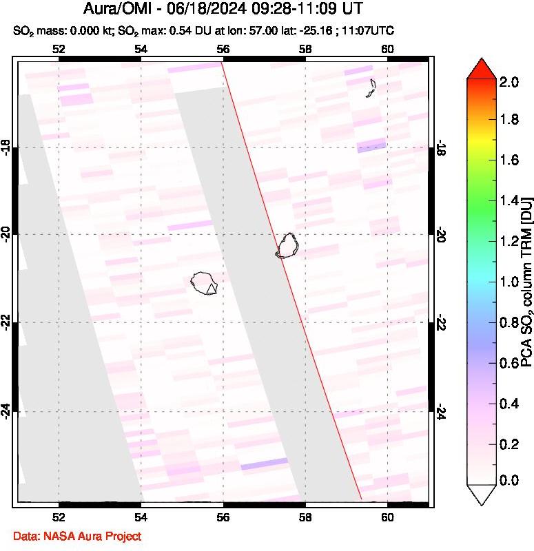 A sulfur dioxide image over Reunion Island, Indian Ocean on Jun 18, 2024.