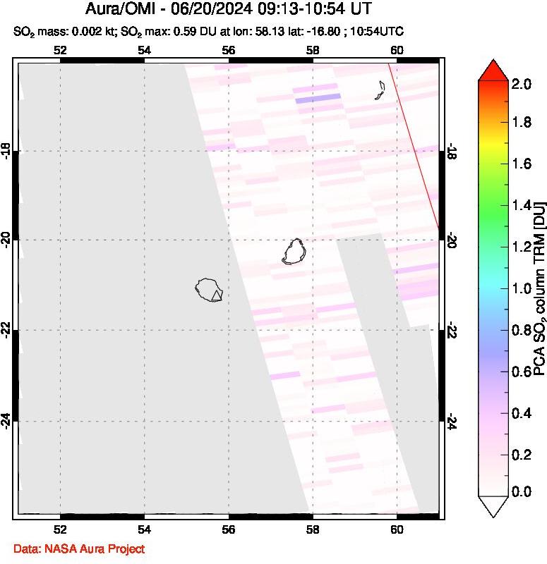 A sulfur dioxide image over Reunion Island, Indian Ocean on Jun 20, 2024.