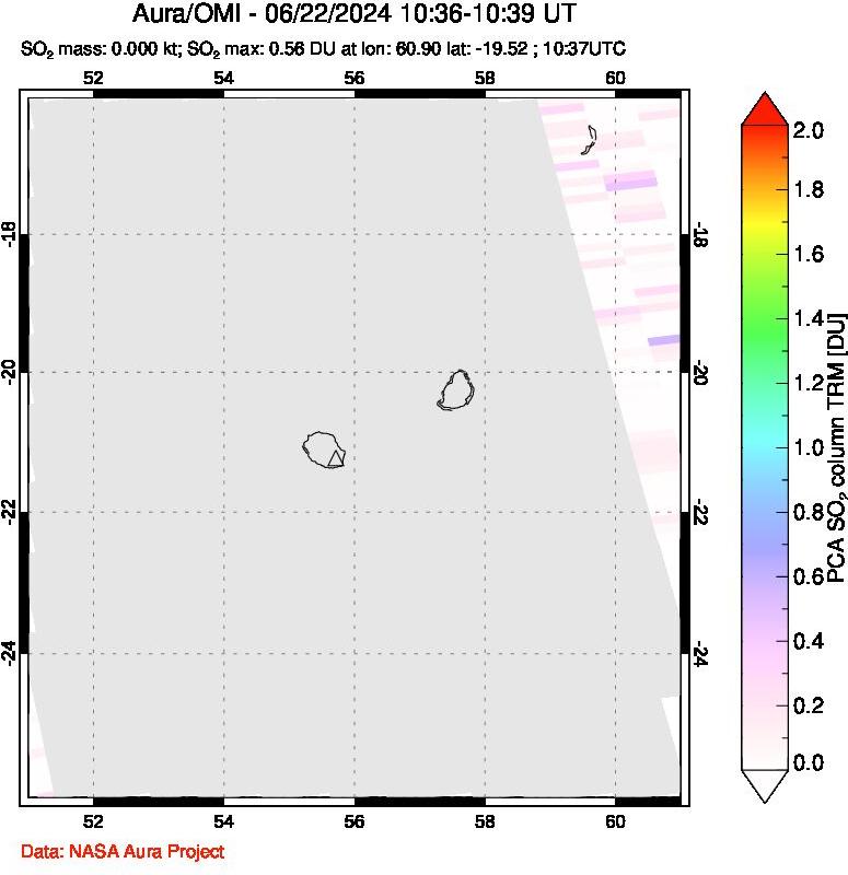 A sulfur dioxide image over Reunion Island, Indian Ocean on Jun 22, 2024.