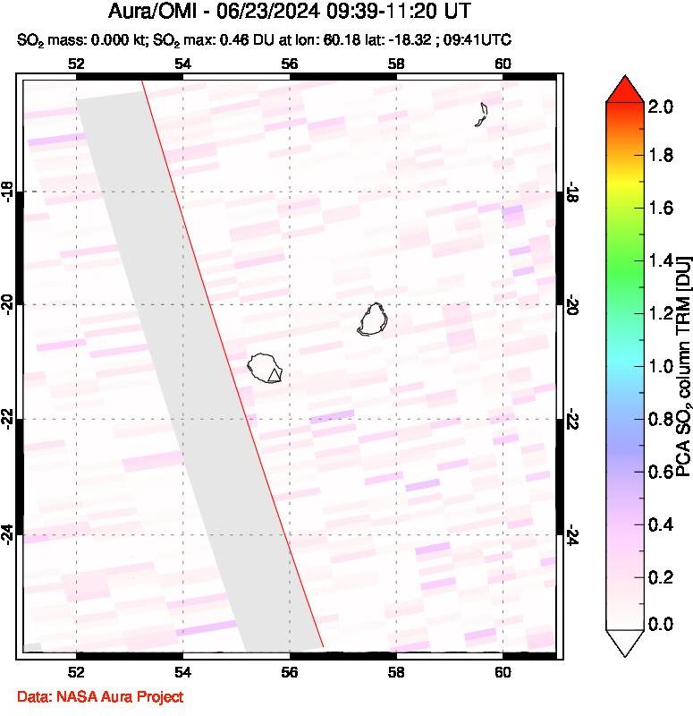 A sulfur dioxide image over Reunion Island, Indian Ocean on Jun 23, 2024.