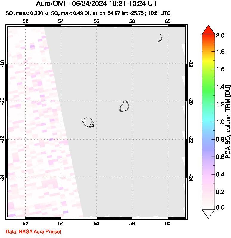 A sulfur dioxide image over Reunion Island, Indian Ocean on Jun 24, 2024.