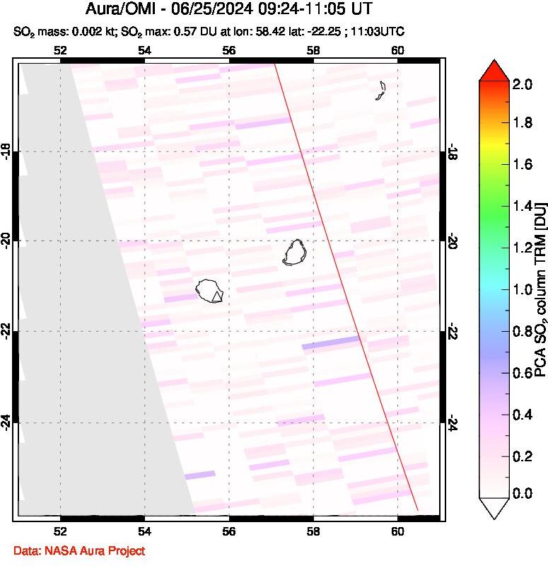 A sulfur dioxide image over Reunion Island, Indian Ocean on Jun 25, 2024.