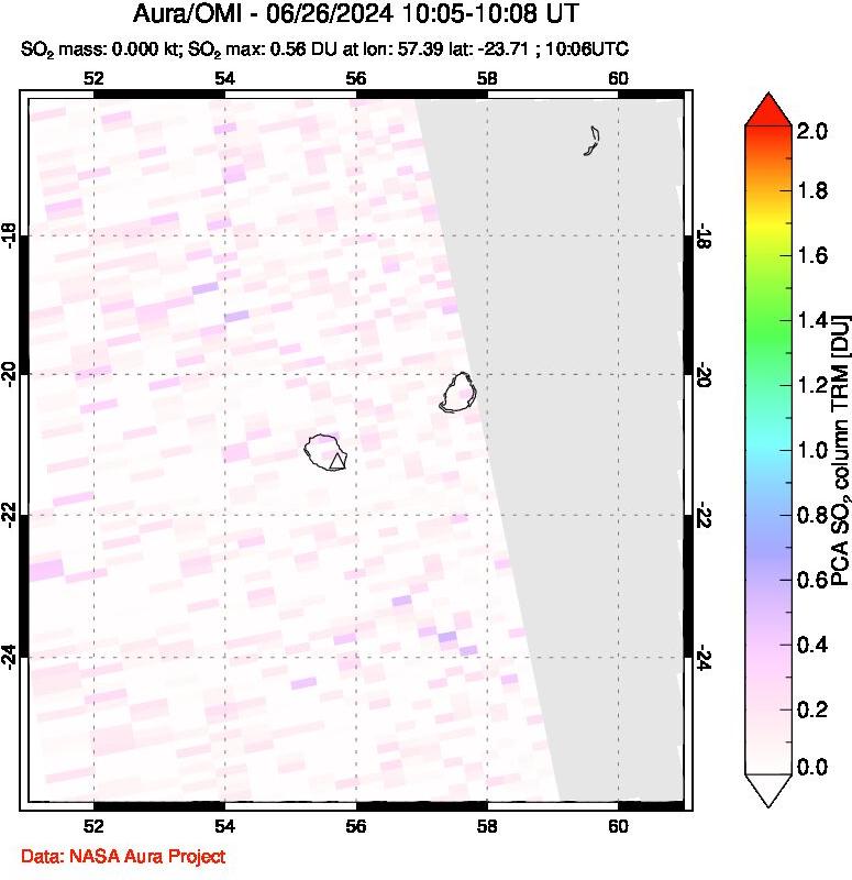 A sulfur dioxide image over Reunion Island, Indian Ocean on Jun 26, 2024.