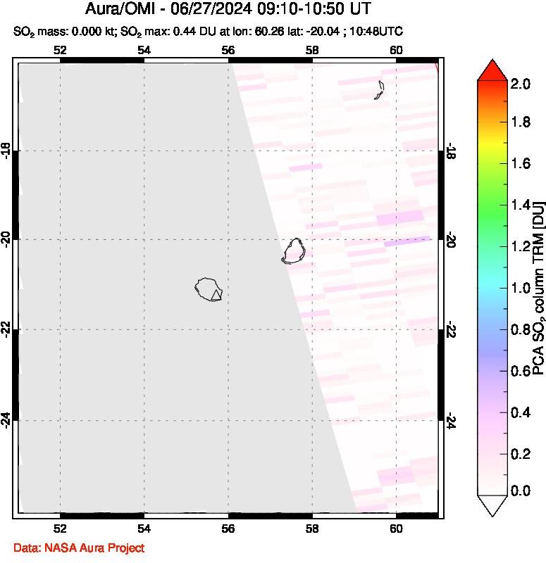 A sulfur dioxide image over Reunion Island, Indian Ocean on Jun 27, 2024.