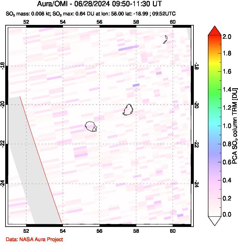 A sulfur dioxide image over Reunion Island, Indian Ocean on Jun 28, 2024.