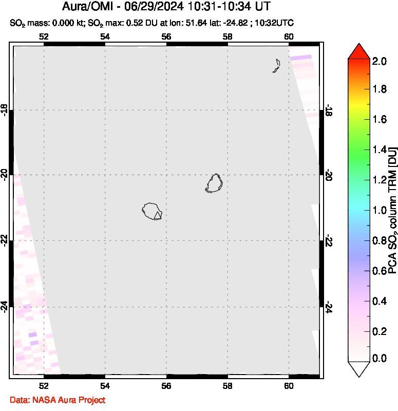 A sulfur dioxide image over Reunion Island, Indian Ocean on Jun 29, 2024.