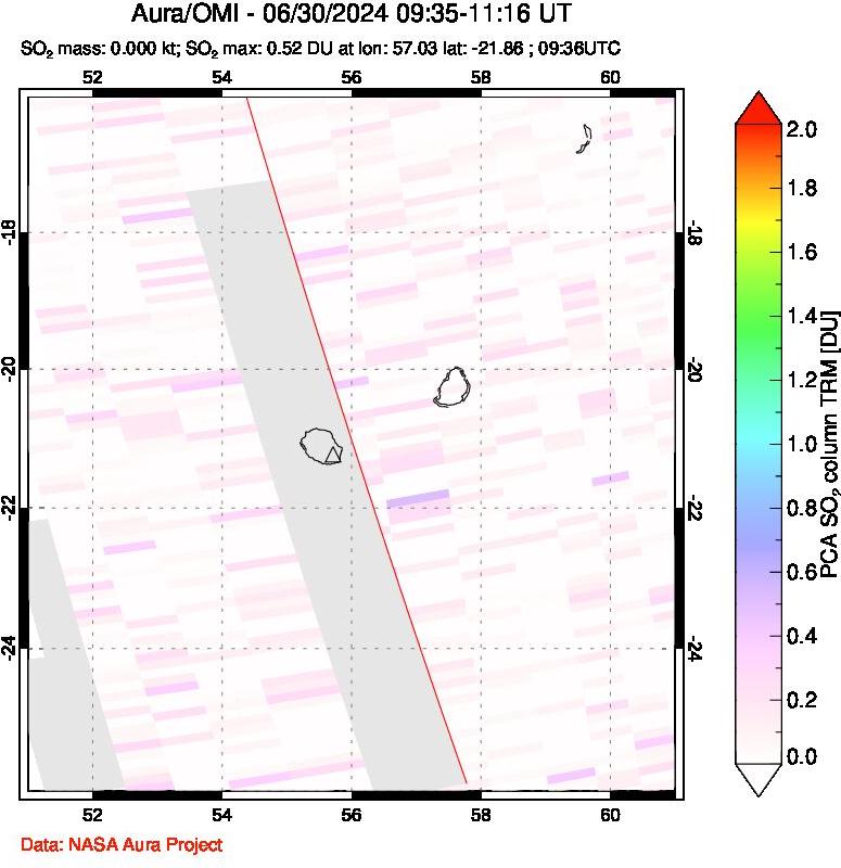 A sulfur dioxide image over Reunion Island, Indian Ocean on Jun 30, 2024.