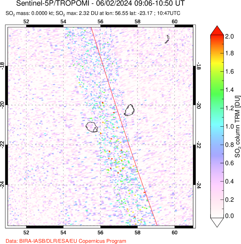 A sulfur dioxide image over Reunion Island, Indian Ocean on Jun 02, 2024.