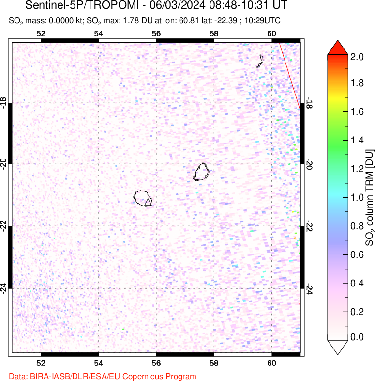 A sulfur dioxide image over Reunion Island, Indian Ocean on Jun 03, 2024.